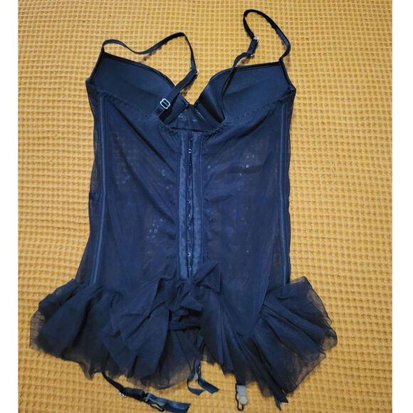 Victoria's Secret 34B Black Mesh Bow Rhinestone Corset Bustier Tulle Garter GUC - Picture 3 of 4